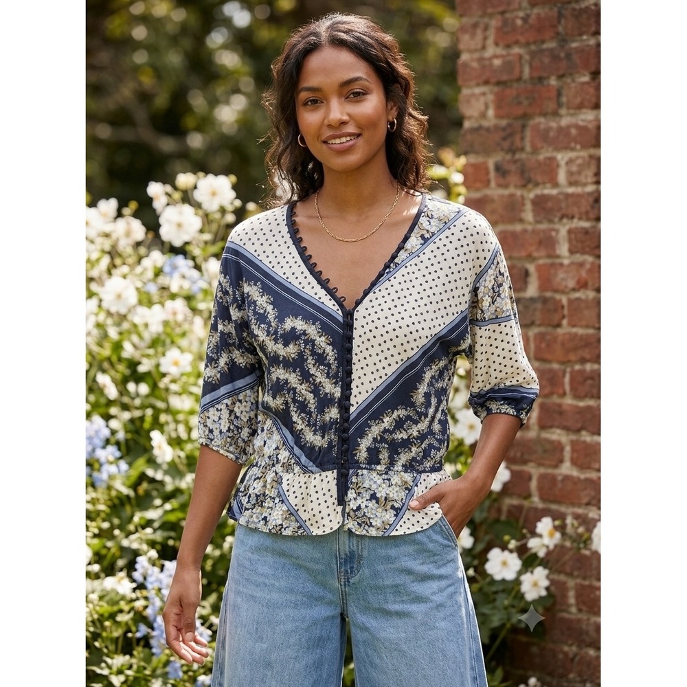 Deletta Anthropologie Mixed Floral Geometric Peplum top Navy White XS patchwork